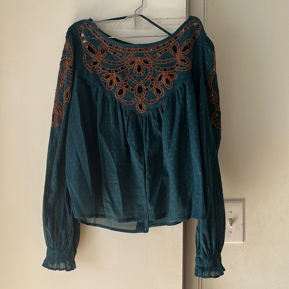Free People Boho/ Edwardian teal/ brown blouse M EUC
